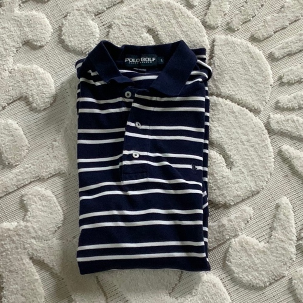 Navy and white striped polo golf Ralf Lauren shirt